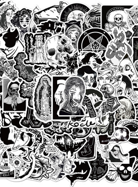 50张黑白哥特朋克风涂鸦贴纸行李箱笔记本电脑滑板防水DIY贴画