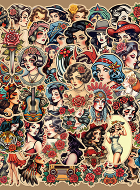 50张欧美复古美式少女贴纸手账透明手机壳DIY装饰行李箱防水贴画