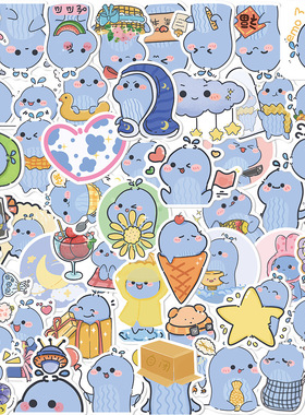 50张原创小鲸鱼贴纸手机壳手账本笔记本电脑行李箱装饰防水贴画