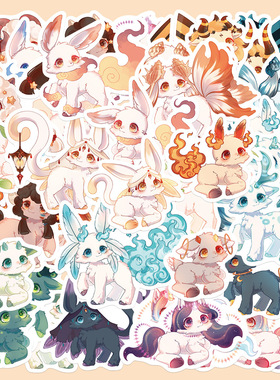 40张原创手绘卡通幻想生物偶蹄类贴纸手账本手机壳电脑装饰贴画