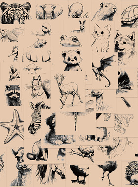50张复古动物素描涂鸦贴纸手账个性装饰吉他笔记本行李箱DIY贴画