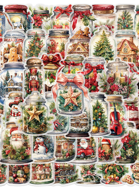 50张圣诞瓶子贴纸PET材质手账透明手机壳DIY装饰防水行李箱贴画