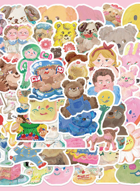 55张卡通油画贴纸可爱手账本行李箱透明手机壳DIY装饰小图案贴画