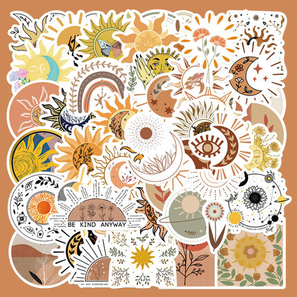 50张简约清新太阳月亮和花贴纸笔记本电脑手账本ipad装饰防水贴画