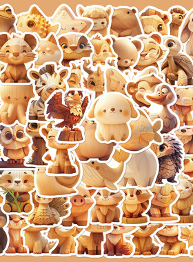 60张雕刻木雕小动物贴纸手账透明手机壳DIY装饰防水行李箱贴画