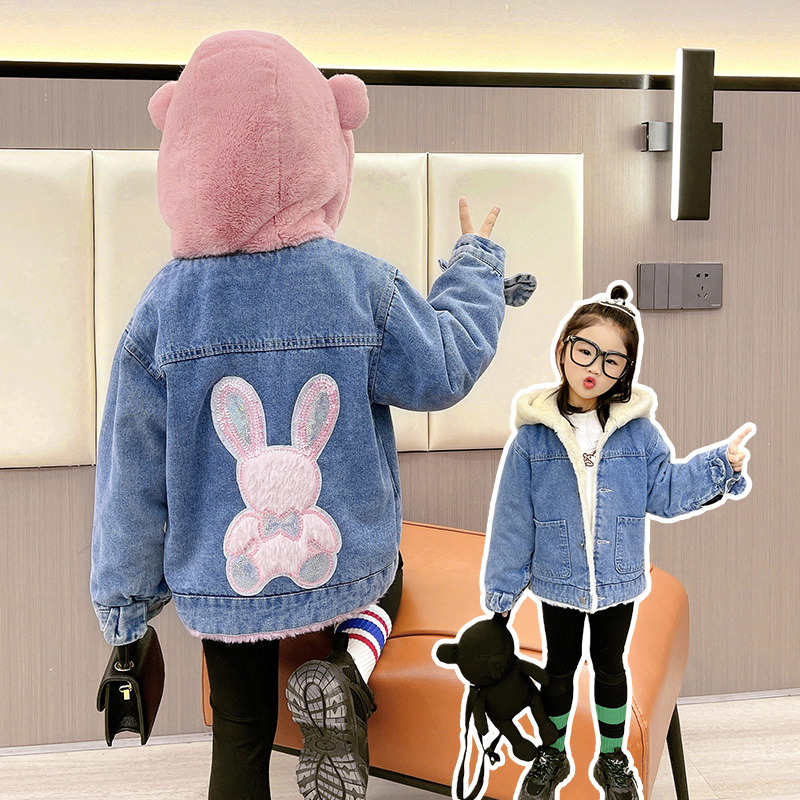 女童牛仔外套秋冬装2025新款韩版加绒加厚儿童装女孩冬季上衣兔子