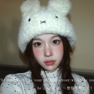 2025新款 防寒保暖针织帽显脸小护耳包头冷帽 可爱兔耳朵毛绒帽冬季