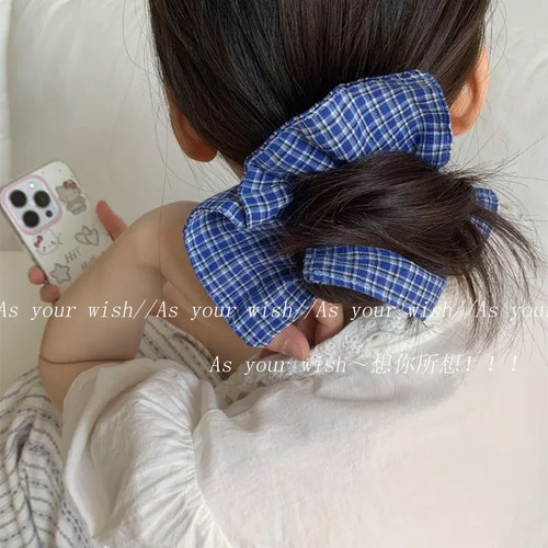 韩系ins蓝色格子方巾发圈高级感