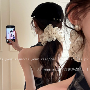 韩系米白色波点多层大肠发圈新款 优雅低马尾高级感头绳芭蕾风发饰