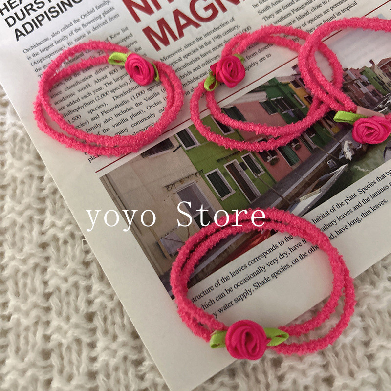 氛围感法式纯手工玫瑰花百搭少女感双绳皮筋高弹力彩色系粉色发绳