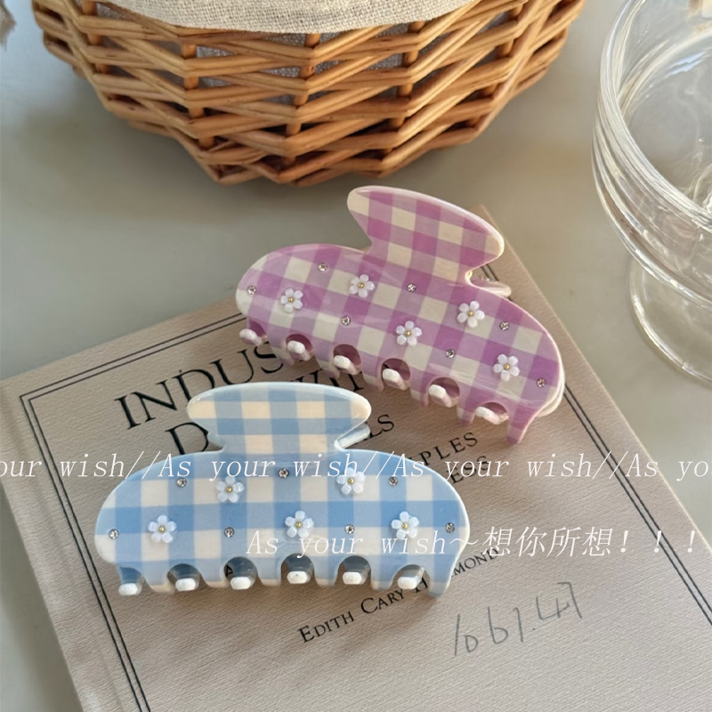 韩系ins格纹小花中号抓夹小清新