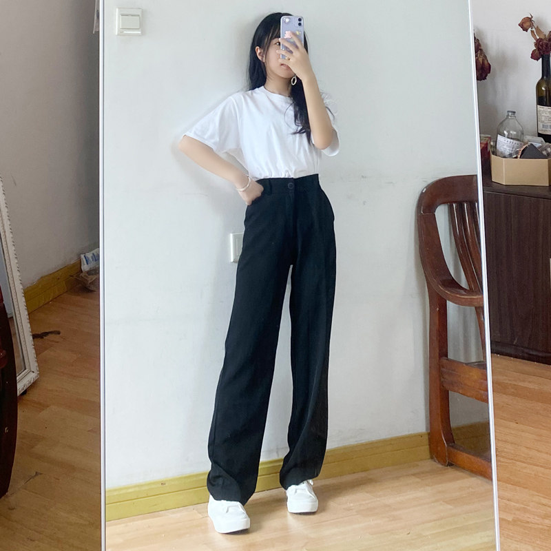 阔腿裤女高腰垂感直筒夏季小个子150CM宽松黑色薄款拖地西装裤子