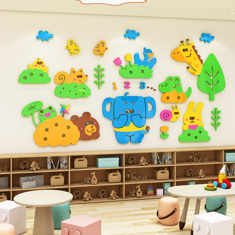 卡通动物墙贴3d立体幼儿园墙面装饰儿童房早教中心墙壁亚克力贴画图片