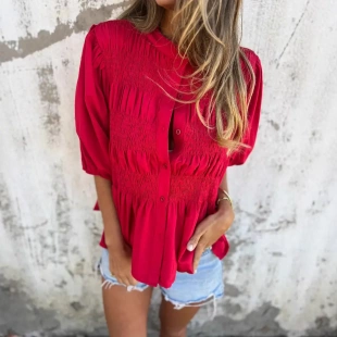 Neck Button Short Colour Sleev Fashion Round Casual Solid