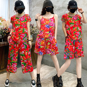 夏短袖 短裤 民族风舞蹈演出服夏季 东北大花棉绸睡衣套装 薄款 居家服