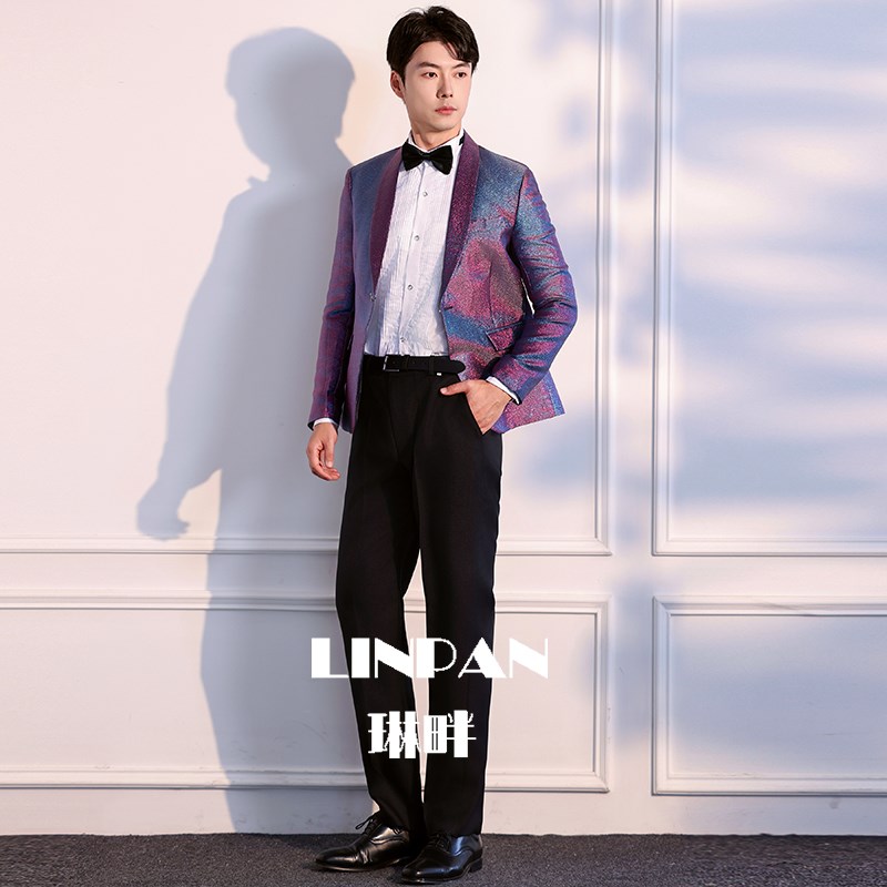 新选男士西装大合唱团演r出服亮片青年小提琴艺考主持人比赛表演