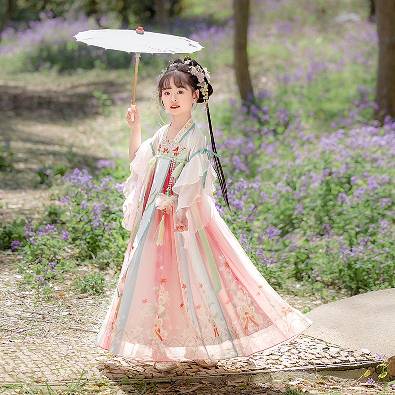 新选汉服女童202m5新款春装儿童古风演出服女孩超仙连衣裙国风古