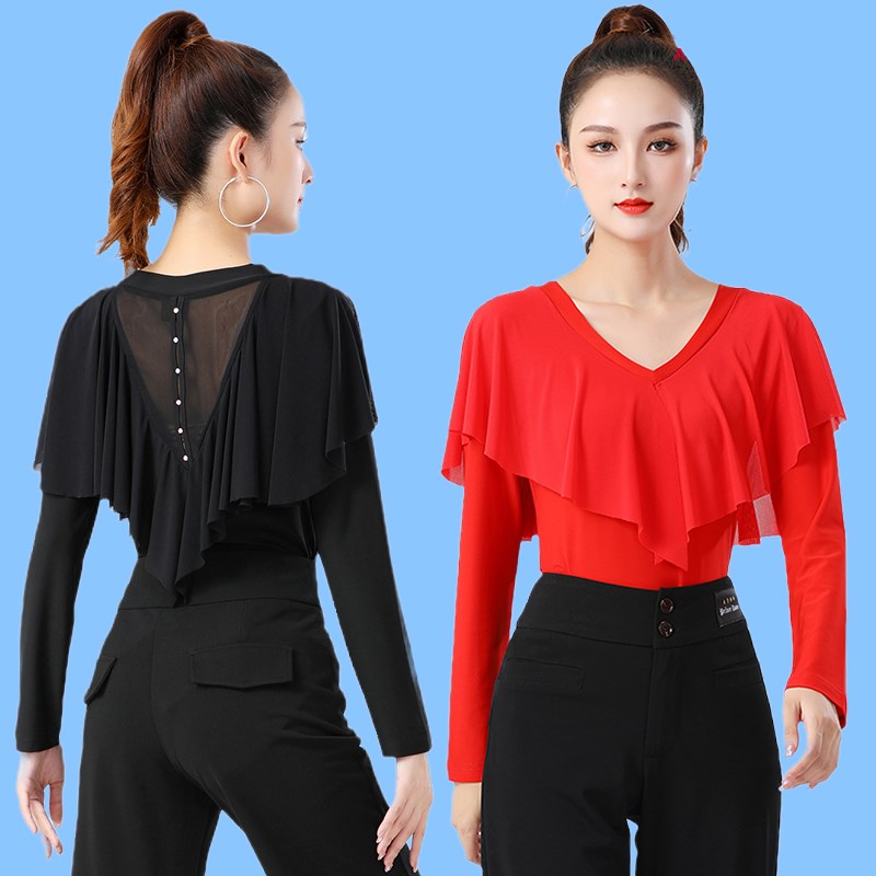 新选广场舞上衣长袖女春秋冬新款红C色跳舞练功服摩登交谊拉丁舞