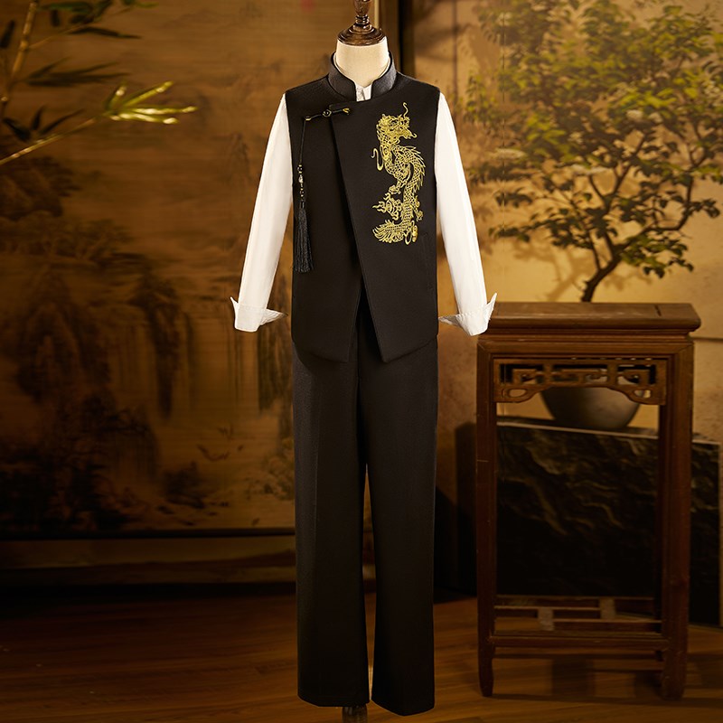 新选中式儿童g西装套装男童马甲套装中国风演出服主持人钢琴演出