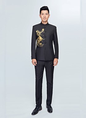 新选黑色中山装演出服男士刺v绣司仪歌手主持人礼服成人大合唱演