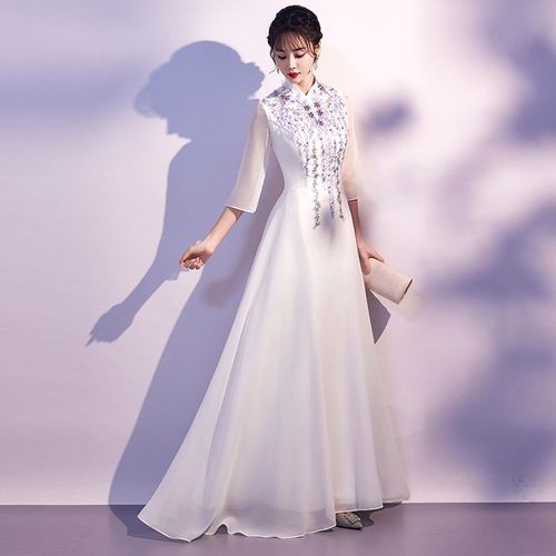 新选红歌大合唱演出服女白色主持人指挥服立领中T国风古筝表演服