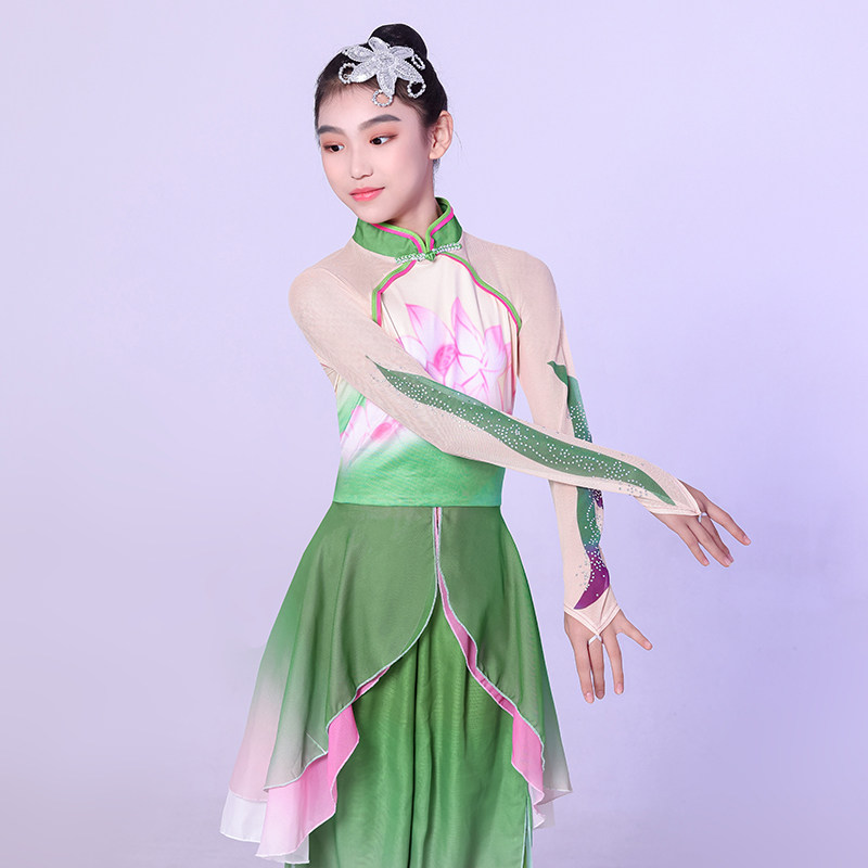 精选儿童古典舞飘逸演出服秧w歌舞扇子伞舞表演服女童荷花中国舞