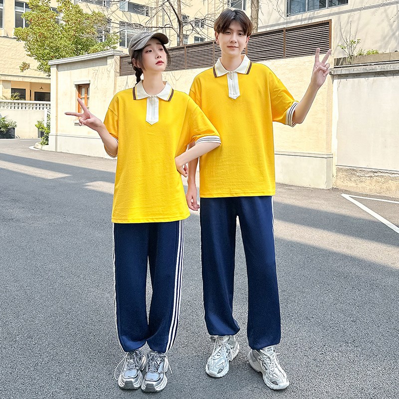 新选初高中学生黄色上衣长v裤班服男女套装运动会成人夏季合唱团
