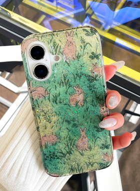 ins风小清新绿色手机壳兔子适用iPhone14promax油画风苹果16p光面15pro新款13pm少女全包萌宠14防摔女保护套