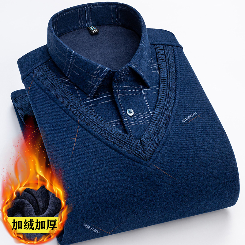 加厚衬衫领男装中老年风保暖内衣