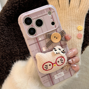 紫格纹毛绒猫咪苹果17promax手机壳iphone16复古13 15防摔14适用