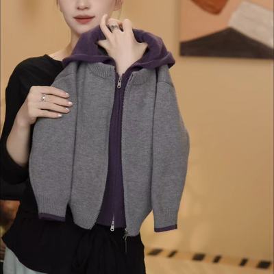 儿童秋冬撞色连帽开衫