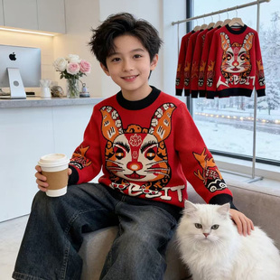 度度猫男童翻领毛衣2025秋冬装新款长袖刺绣上衣休闲百搭针织衫