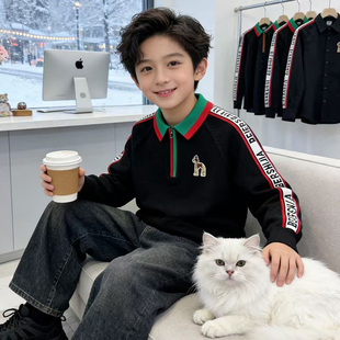 度度猫男童翻领毛衣2025秋冬装新款长袖刺绣上衣休闲百搭针织衫