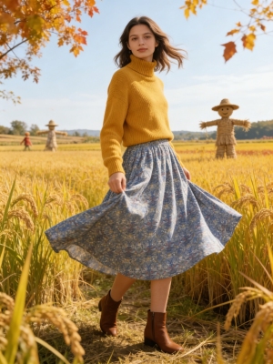 Liberty草莓小偷花色纯棉半身裙2026春夏新品高腰A字半身裙有口袋