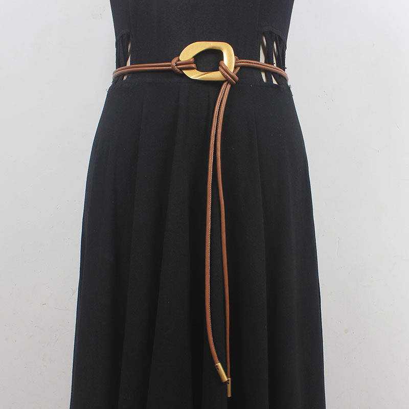 文艺金色T字环皮质编织腰带女气质打结无孔皮带配毛衣牛仔裤装饰