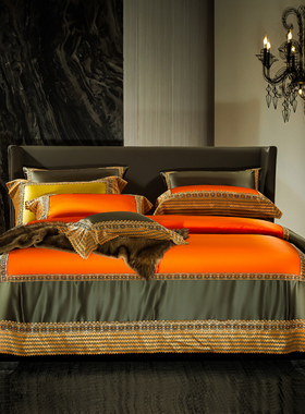 奢华宫廷四件套140S锦缎床上用品高端法式蕾丝被套橙色床盖十件套