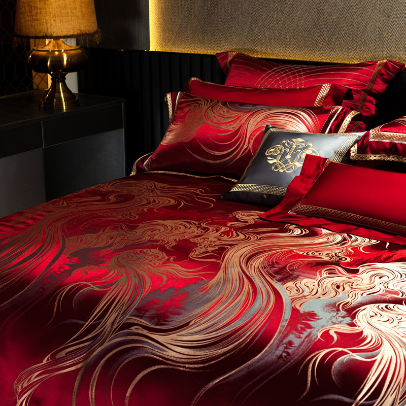 奢华婚庆四件套红色织提花床上用品十件套锦缎金银丝提花被套高端