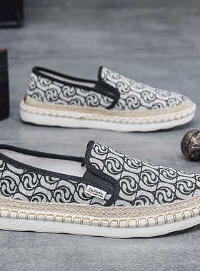 老北京布鞋男款春夏季透气亚麻驾车懒人一脚蹬黑色帆布渔夫爸爸鞋