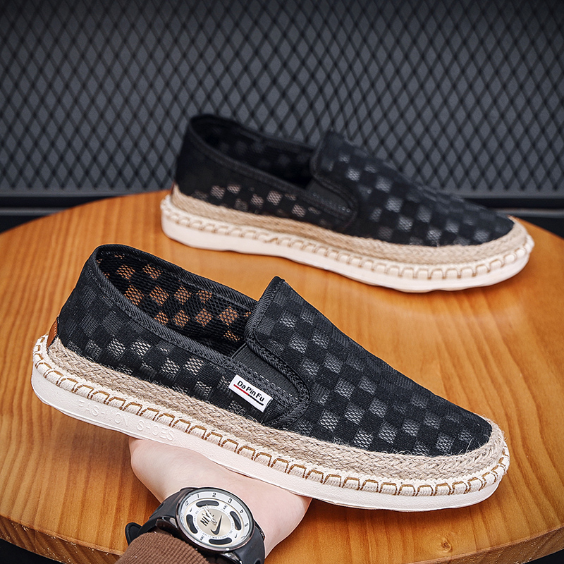 土先土夏季时尚休闲低帮一脚蹬渔夫鞋缕空鞋面麻绳编织单鞋网布鞋