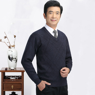 中老年人男装秋冬装加厚打底毛衣爸爸装V领鸡心领套头长袖毛线衫