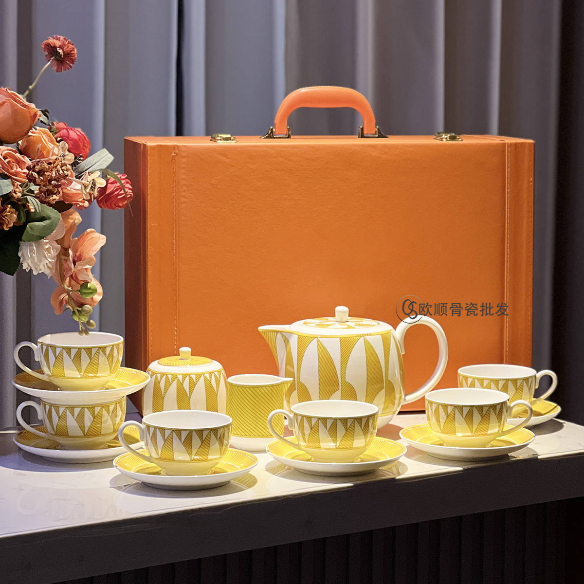 H欧式阳光15头咖啡具套下午茶杯碟茶壶奶壶糖罐套装商务礼品骨瓷