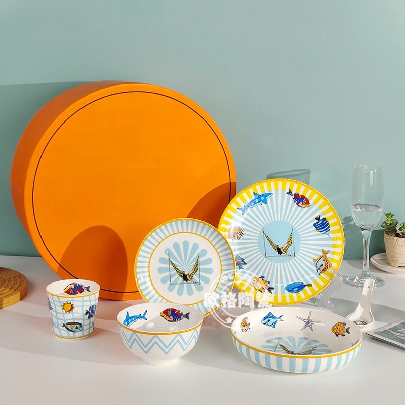 H欧式海洋系列餐具套装儿童可爱骨瓷饭碗餐盘创意风餐具送礼盒装