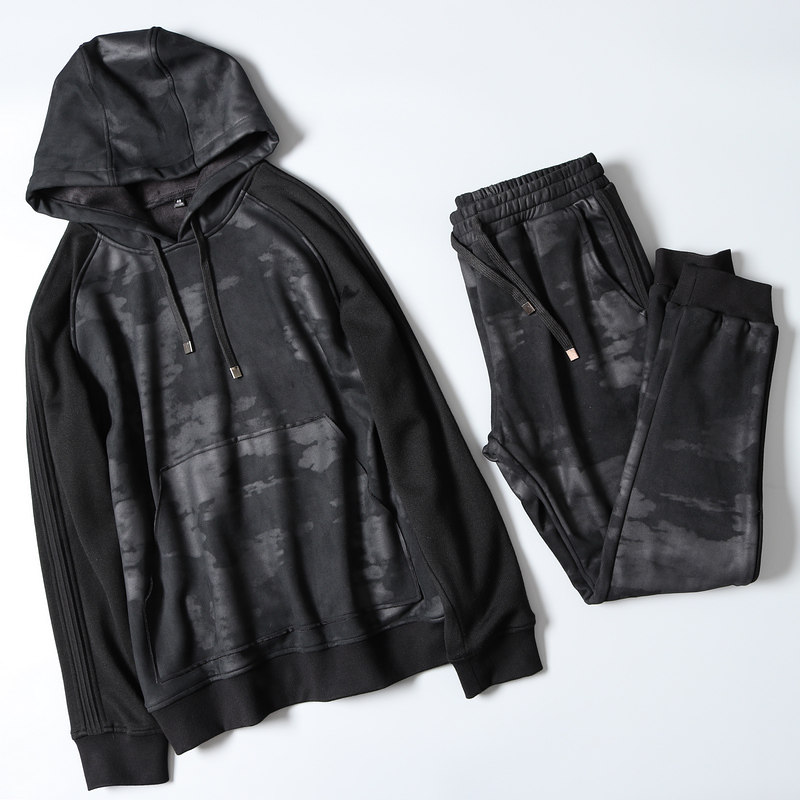 暗纹麂皮绒复合加绒加厚冬时尚休闲男士套头连帽里绒卫衣套装3XL
