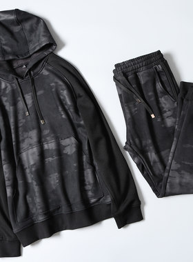 暗纹麂皮绒复合加绒加厚冬时尚休闲男士套头连帽里绒卫衣套装3XL