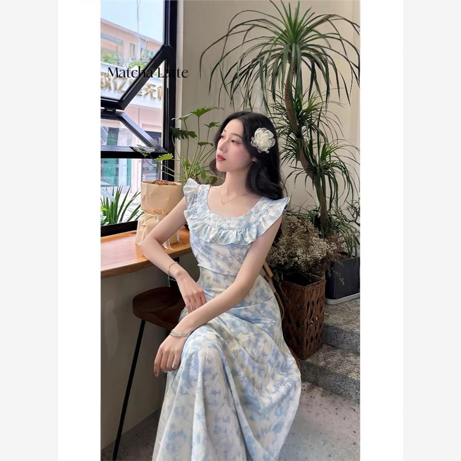 蓝色方领小飞袖连衣裙女