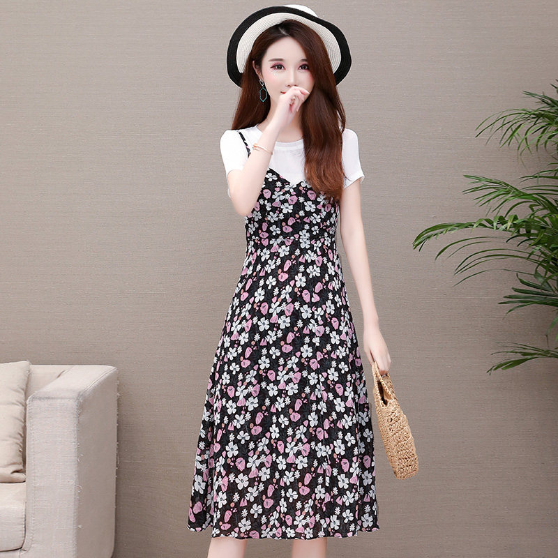碎花吊带假两件连衣裙女夏季2020新款小个子清新气质韩版雪纺裙a