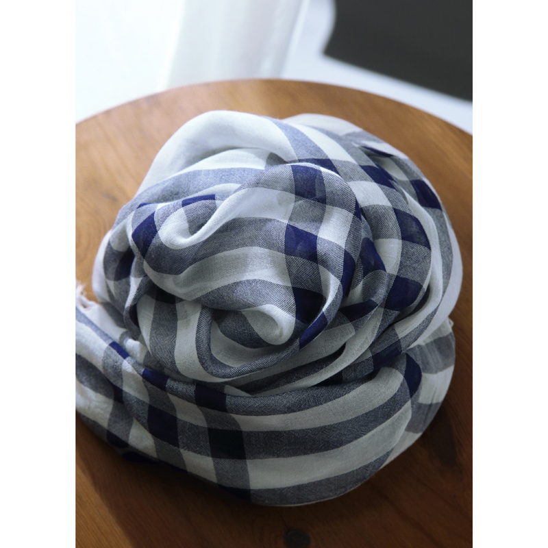 木鸡同厂早春纯棉麻文艺格子围巾