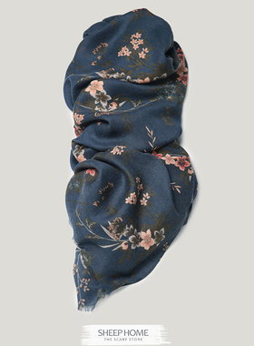 西班牙D篙端小资配色碎花藏青色围巾早春新品秋冬季围巾女长方形