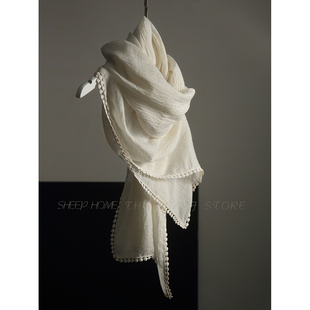 一尘不染！篙级感素雅乳白纯色棉麻立体豆豆蕾丝花边边围巾披巾女
