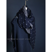 融化在指尖 纯棉柔软双层提花波点深蓝色双面围巾披肩复古优雅女